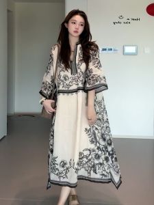 French V-neck Linen Dress Beautiful Autumn Winter Beach Holiday Ethnic Style Printed Long Dress Women Casual High Waist A-line Skirt Short Sleeve