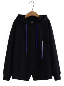 เสื้อสเวตเตอร์คอวีแขนยาวสีดำมีฮู้ดแบบหลวมๆ สำหรับผู้หญิง ทรงหลวม สไตล์เกาหลี ผ้าฝ้ายผสม