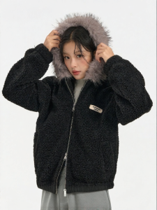 dangerouspeople | Loose Fur Collar Plush Fleece Hooded Jacket