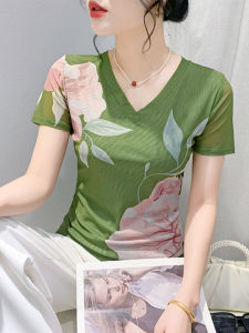 สลิมฟิต ฤดูร้อน ใหม่ เซ็กซี่ คอวี พิมพ์ ตาข่าย เสื้อยืดแขนสั้น ระบายอากาศได้ดี ยืดได้ แฟชั่นสไตล์ยุโรป เสื้อท่อนบน สําหรับผู้หญิง