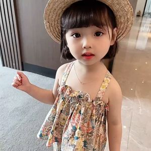 เสื้อผ้าเด็กผญ ชูดแฟชั่นเด็กผู้หญิง ลายดอกไม้แฟชั่นเกาหลี ชุดเจ้าหญิงแขวนเสื้อกั๊ก + ชุดกางเกง 2389