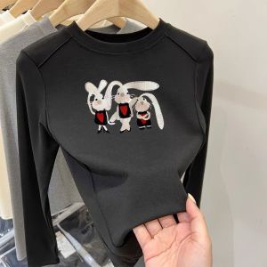 Cartoon Rabbit Print Dralon Bottoming Shirt Girl Western Style Slim Fit Easiest for Match Fashionable Warm Brushed Long Sleeve T-shirt Ins