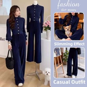 LIANGYILAILIN | Korean Style Tweed Blue High-neck Sweater Corduroy Wide-leg Pants Set Women