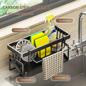 Stainless Steel Drain Basket Kitchen Storage Rack with Sponge Rack Cleaning Towel Rack