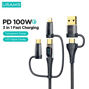USAMS PD100W 3 in 1 Fast Charging Cable Transparent Digital Displa QC 3.0 Fast Charge Cord USB-A+Type-C to Lightning+Type-C+Micro Adapter 4 in 1 Fast Charging For Samsung S20 / Huawei P40 / Xiaomi 10 / Vivo X60 / OPPO / iPhone