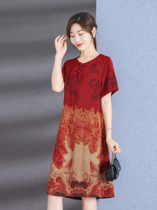 ชุดเดรสผ้าไหมคอตตอนแขนสั้นหลวมๆ สำหรับคุณแม่ผู้มีอายุกลางคน ชุดเดรสยาวปานกลางลายดอกไม้สำหรับฤดูร้อน กระดุมหน้า ทรงเอ