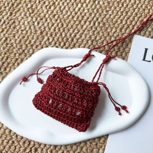 Handcrafted Wine Red Drawstring Neck Hanging Headset Bag Adjustable Fashionable Versatile Small Bag for Young Women