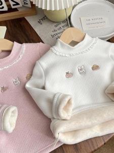 Thickened Fleece Lined Long Sleeve Base Shirt for Girls Casual Inner Wear Integrated Fleece Warm Top Rabbit Fur 100%