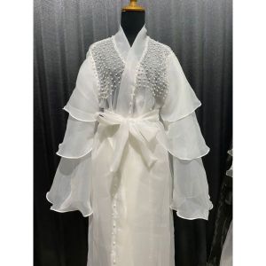 Kimono Outwear Bridesmaid Organza Wedding Pengantin Mewah Full Payet Tiga Layer / Kimono Bride Robe Berhias Payet Mutiara Putih Di Dada