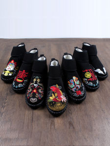 Thickened High-Top Mens Winter Boots Warm Fleece Lined Embroidered Beijing Style Cotton Shoes Comfortable Casual Snow Boots