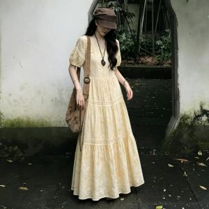 QINWEIYU | Đầm A-Line Cinching eo Phong cách Pháp Màu Vàng