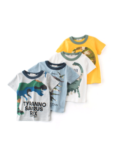 Boys Short Sleeve T-Shirt Pure Cotton Camouflage Dinosaur Pattern Childrens Yellow Summer Fashionable Kids Clothing