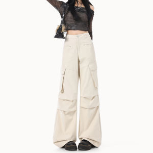 Black American High Waist Wide Leg Pants Womens Casual Loose Trousers Autumn New Style Multi Pocket Folded Straight Cut