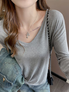 V Neck Bottoming Shirt for Women 2024 New Arrival Early Autumn Chic Silm Inner Wear Long Sleeve T-shirt Niche Design Shoulder Tops