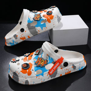 Mens Summer Outdoor Casual Beach Wear Holes Slippers Anti-Slip Soft Bottom Graffiti Fashion Trend Head Covered Slippers