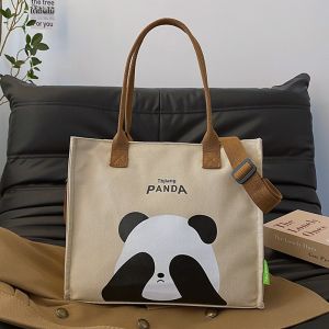 กระเป๋าผ้าใบลายหมีปandaขนาดใหญ่สำหรับผู้หญิง กระเป๋าสะพายข้างแบบสะพายข้าง กระเป๋าถือ กระเป๋าสะพายไหล่แบบลำลอง