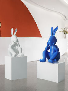 Modern Abstract Cartoon Rabbit Glass Steel Art Sculpture Home Decorative Accessories Large Size Floor Standing Ornament