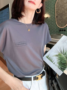 Loose Half Sleeve Womens T-shirt Summer New Style Ice Silk Roman Pocket Upper Body Gray Solid Color Commute Korean Style round Neck