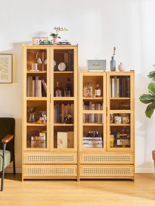 Simple Glass Door Bookcase Wall-Mounted Storage Cabinet Multi-Layer Floor-standing Wicker Weaving Living Room Home Use Rack