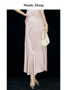 MandyZhang Romantic Polka Dot Pink Satin A-Line Skirt Womens High Waist Draping Long Skirt Commute Vintage Printed Polyester Fiber