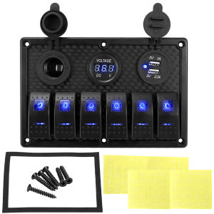 6 Sets of Marine Rocker Switch Panels with Dual USB Socket Sockets Cigarette Lighter and Digital Voltage Display LED Lights
