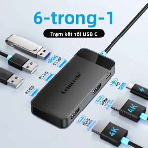 Lemorele TC122 6 Trong 1 USB C Hub 4K Dual HDMI & DP Docking Station 100W PD Bộ Chuyển Đổi Đa Màn Hình Cho MacBook Dell HP 3.0