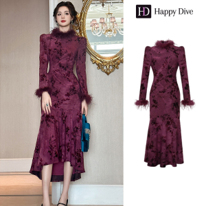 Happy Diva เดรสผู้หญิง เดรสสีม่วง เดรสกี่เพ้า เดรสหางปลา เดรสทำงาน เดรสไฮโซ เดรสวินเทจ เดรสออกงาน เดรสปาร์ตี้ ชุดราตรี 45061