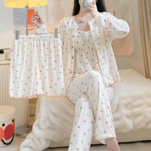 Bộ Đồ Ngủ Cotton Hoa Dài Tay Gợi Cảm Cho Nữ Bộ Đồ Mặc Nhà Mùa Hè Bốn Mảnh Thường Ngày Cổ Tròn Quần Dài