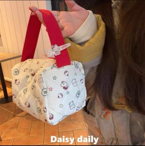Cute Canvas Bucket Bag Handheld Work Miscellaneous Lunch Box Bag Large Capacity Wrist Strap Womens Bag Casual Cartoon Pattern