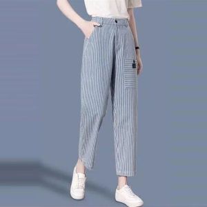 2024 ใหม่สูง เอว ลายทาง เดนิม กางเกงขาสั้น ผู้หญิง ฤดูร้อน ลำลอง พรางหุ่น ทรงเอ ขาตรงยาวห้าส่วน ผ้าฝ้าย กางเกง