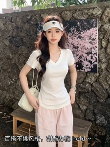 Womens V Neck Short Sleeve T-shirt Korean Style White T-shirt Slim fit Top