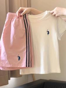 ชุดกีฬาลำลองสองชิ้น แขนสั้นลายทาง ปักลายสัตว์ แฟชั่นฤดูร้อน สำหรับผู้ชายและผู้หญิง ชุดกีฬาลำลอง ชุดกีฬา