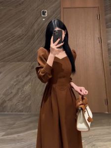 Elegant Ladylike Long Sleeve Coffee Color Dress High Waist A-Line Skirt Polyester Fiber Minimalist Style Autumn Season Dress