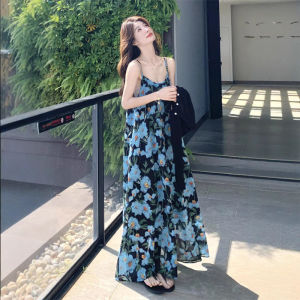 Summer Blue Floral Print Halter Dress Beach Vacation Beachscape Super Fairy Tale Tourist Polyester Knitted Loose Waist Dress