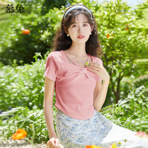 MUTU | Mute Rabbit Womens Slim Fit Short Sleeve T-Shirt Butterfly Knot Design Summer New Style Casual Cotton Top For School And City Walk