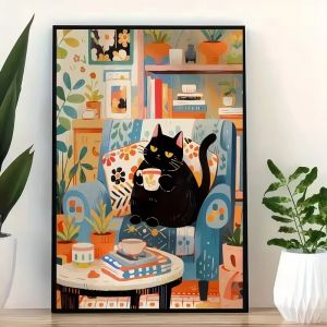 BILIBILI | Bắc Âu Mèo Đen Những Người Yêu Thích Cà Phê Nghệ Thuật Treo Tường In Canvas Phong Cách Hiện Đại Hoạt Hình Thưởng Thức Sofa Phòng Khách Trang Trí Nhà Poster Hình Ảnh