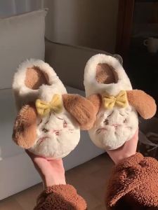 Xixitiao Giày giam bằng vải nhung lông ấm áp có nơ cho nữ dép cotton Tên chung hoạt hình Mikko dễ thương phong cách mùa thu và mùa đông