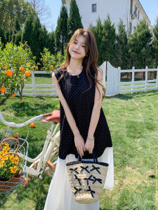 Elegant Black Polka Dot Sleeveless Long Dress Summer New Style Slimming Personality Holiday Womens Dress Fashionable Commute Korean Style