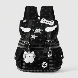 Punk Academy Black Backpack Cat Star Wing Paw Decor Striped Multi-Pocket Design Large Capacity Casual Bag For Men Women Work