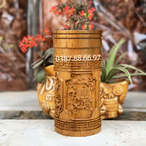 Lọ đựng thẻ hương mẫu tứ quý cao 20cm chất liệu gỗ bách xanh cực đẹp
