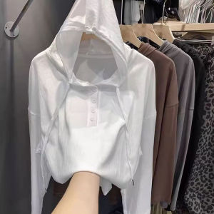 plus Size Womens Cotton Long Sleeve T-Shirt Hooded Slimming Fashionable Spring Autumn Loose Fit Belly Covering Base Shirt