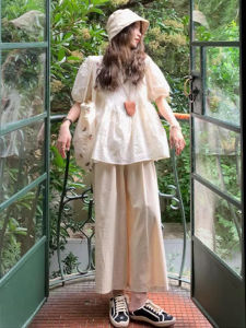 Bộ Đồ Mùa Hè Cotton Nguyên Chất Hai Mảnh Cho Bà Bầu Áo Sơ Mi Khoét Lỗ Mỏng Thời Trang Thường Ngày Che Bụng