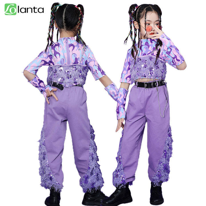 2023 New Children Street Dance Costume Hip Hop Clothing Girls Short Sleeves  Tops Pants Jazz Performance