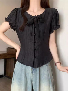 Shalldoer | Black V-neck Bubble Sleeve Shirt Womens Summer Slim Fit Doll Top Butterfly Knot Belt Casual Style Short Sleeve Breathable
