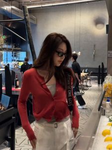Áo Len Cardigan Dệt Kim Màu Đỏ Kiểu Pháp Chống Nắng Cho Nữ Mùa Thu Áo Khoác Ngoài Mỏng Áo Khoác Ngoài Áo Khoác Ngoài