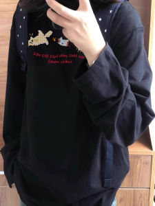 Áo Thun Dài Tay Cotton Nguyên Chất 100% Dành Cho Nữ in Hình Mèo Màu Đen Rộng Rãi Thoải Mái Thường Ngày Mùa Thu Đông