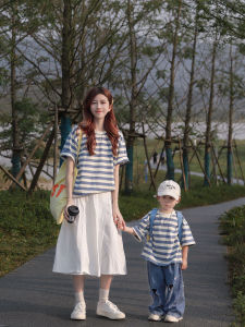 Street Style Color Block Striped Short Sleeve T-Shirt Casual Versatile Parent-Child Matching Clothes High End Cotton Blend Spring Summer