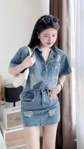 DX_Set Jean nữ mặc hè set đồ cá tính Jean Quảng Châu rách nhẹ áo sơ mi cài nút phối chân váy ngắn ôm dáng xinh