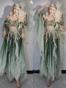 ชุดฮันฟูสไตล์จีนสีเขียวปักลายดอกไม้สไตล์ตะวันตกสำหรับเด็กผู้หญิง ชุดฮันฟูสไตล์จีนสำหรับงานวันคริสต์มาส