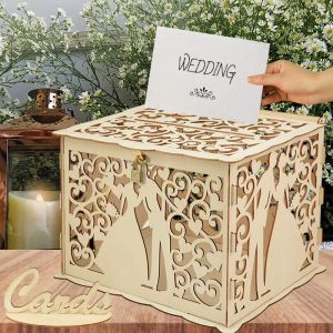 [Warrior2] Wooden Wedding Gifts Card Boxes With Lock Mr&Mrs Couple Flower Pattern Envelope Sign Cards Wood Box DIY Rustic Wedding Supplies